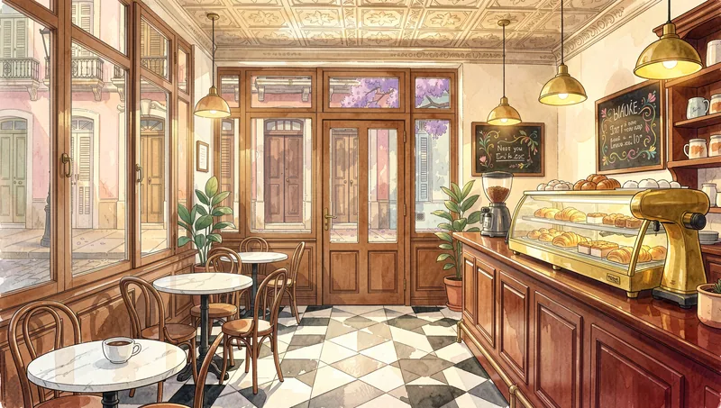 A Buenos Aires corner cafe with marble tables, a checkered floor and jacaranda blossoms outside
