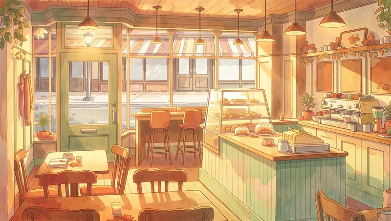 A hand-painted autumn cafe with warm pendant lamps, pastries under glass, and a rainy street beyond the windows