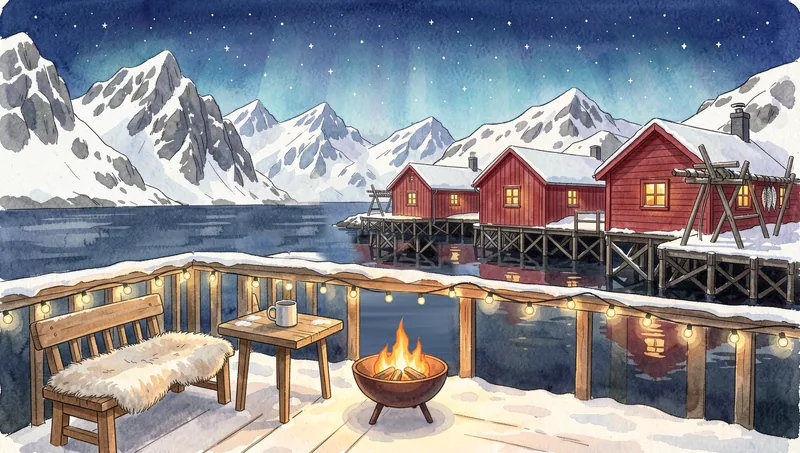 A snowy deck in Lofoten, Norway at night, with a fire pit, string lights and red fishing cabins
