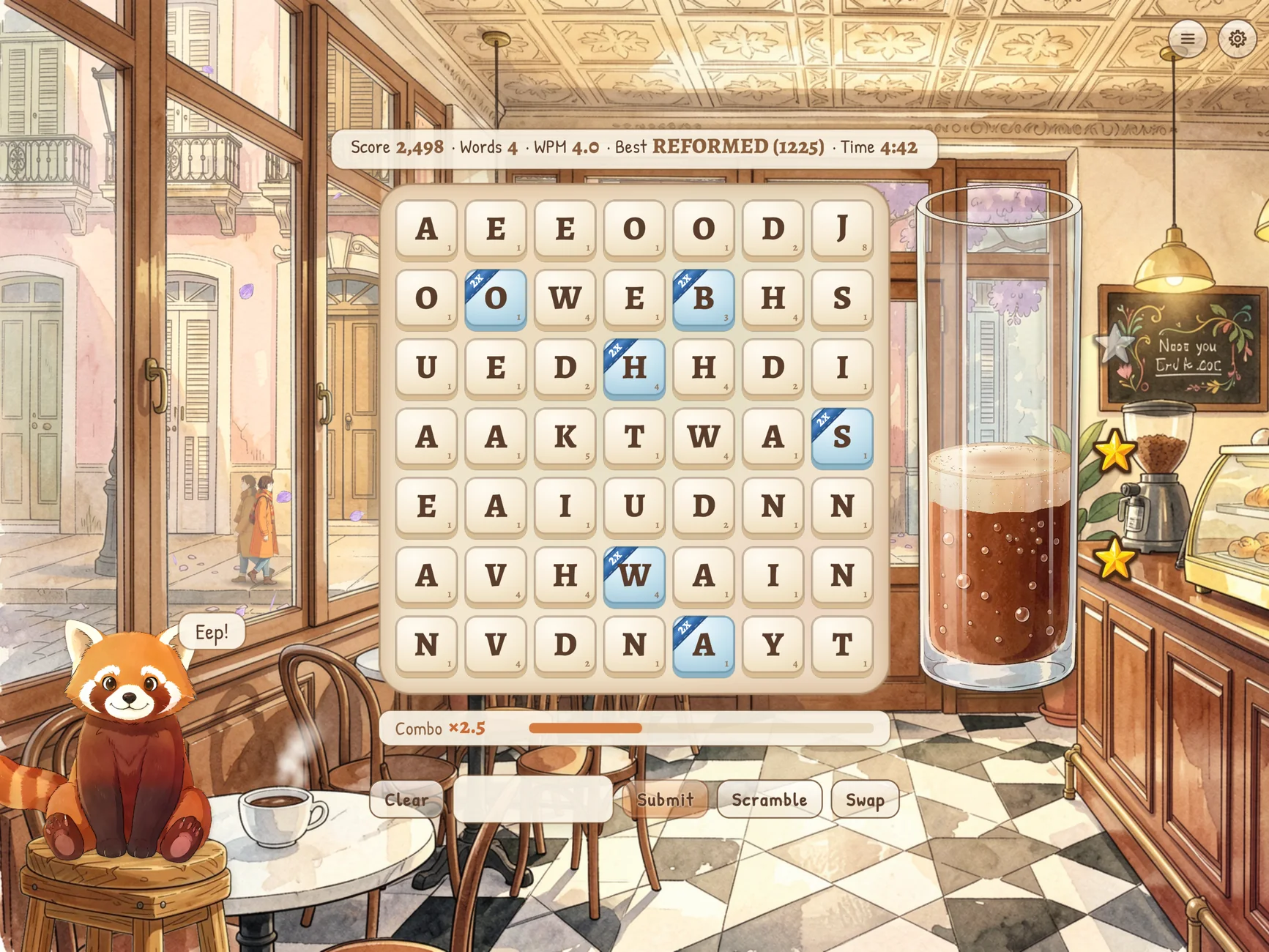 Lettercup on iPad in the Buenos Aires cafe, with the red panda cheering beside the board