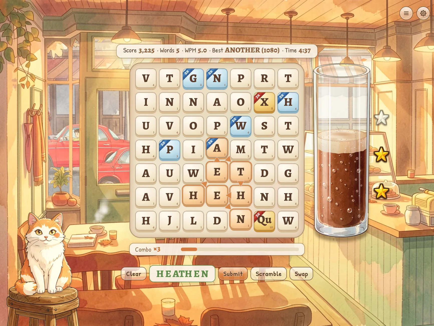 Lettercup on iPad in the autumn cafe, with a word traced across the board, two gold stars on the coffee glass, and the cat on her stool