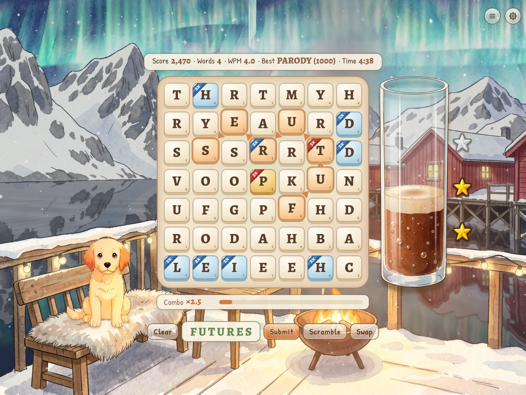 Lettercup on iPad on a snowy Lofoten deck with the aurora, a fire pit and the golden retriever pup