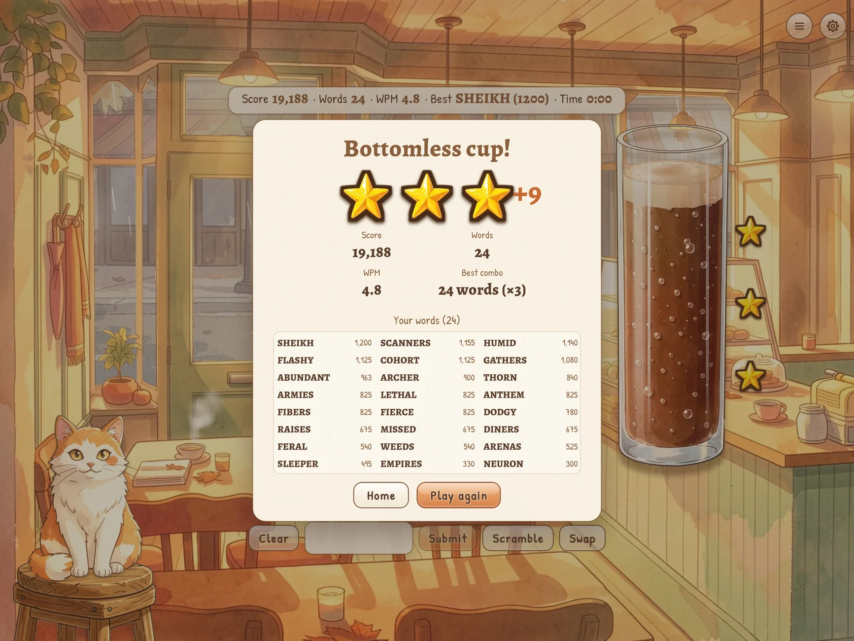 The Bottomless cup results card on iPad, with three gold stars plus nine more and every word found