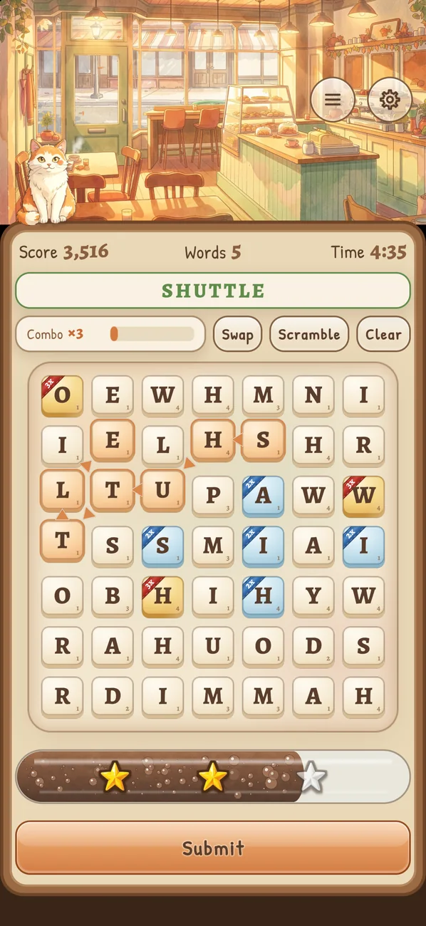 Lettercup on iPhone in portrait, with a word traced across the letter board in the autumn cafe and a combo building