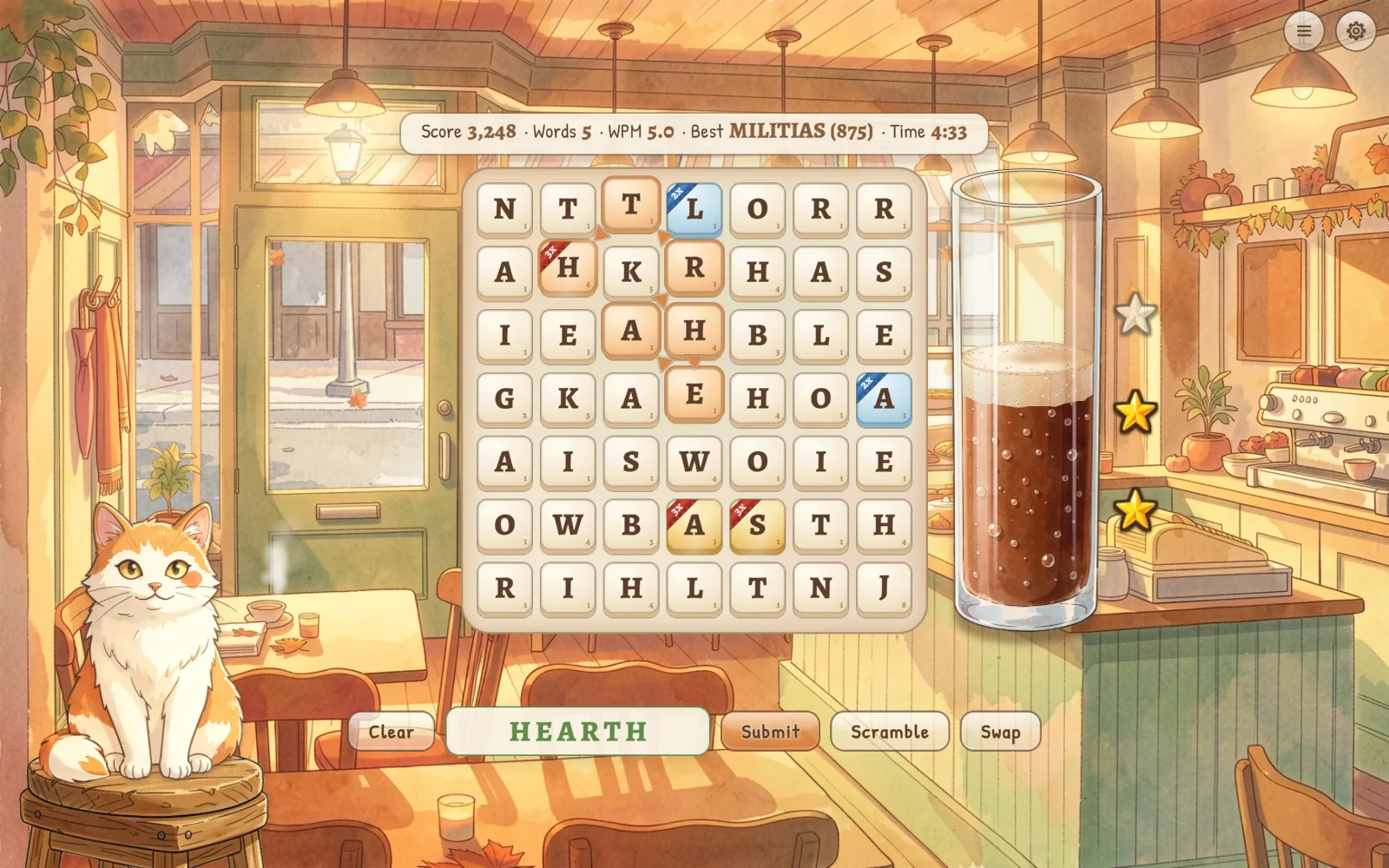 Lettercup in a window on a Mac, with a word traced across the board in the autumn cafe and two stars earned