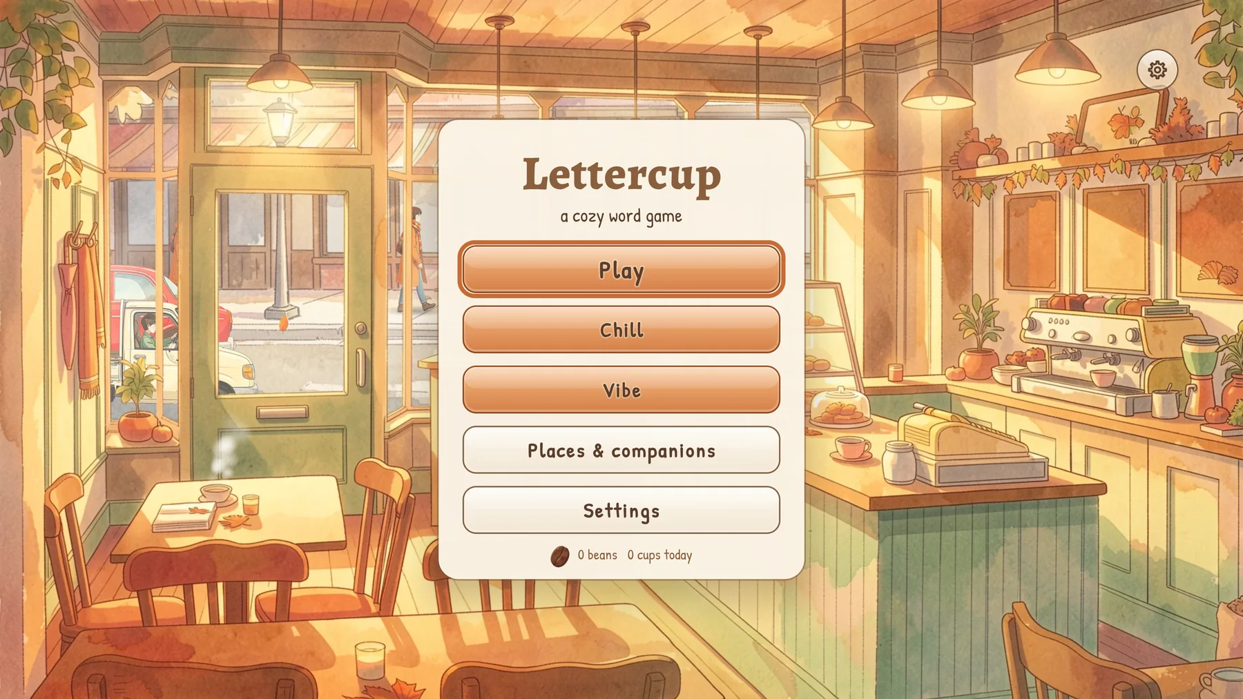 The Lettercup home screen on Apple TV over the cafe, with Play, Chill and Vibe