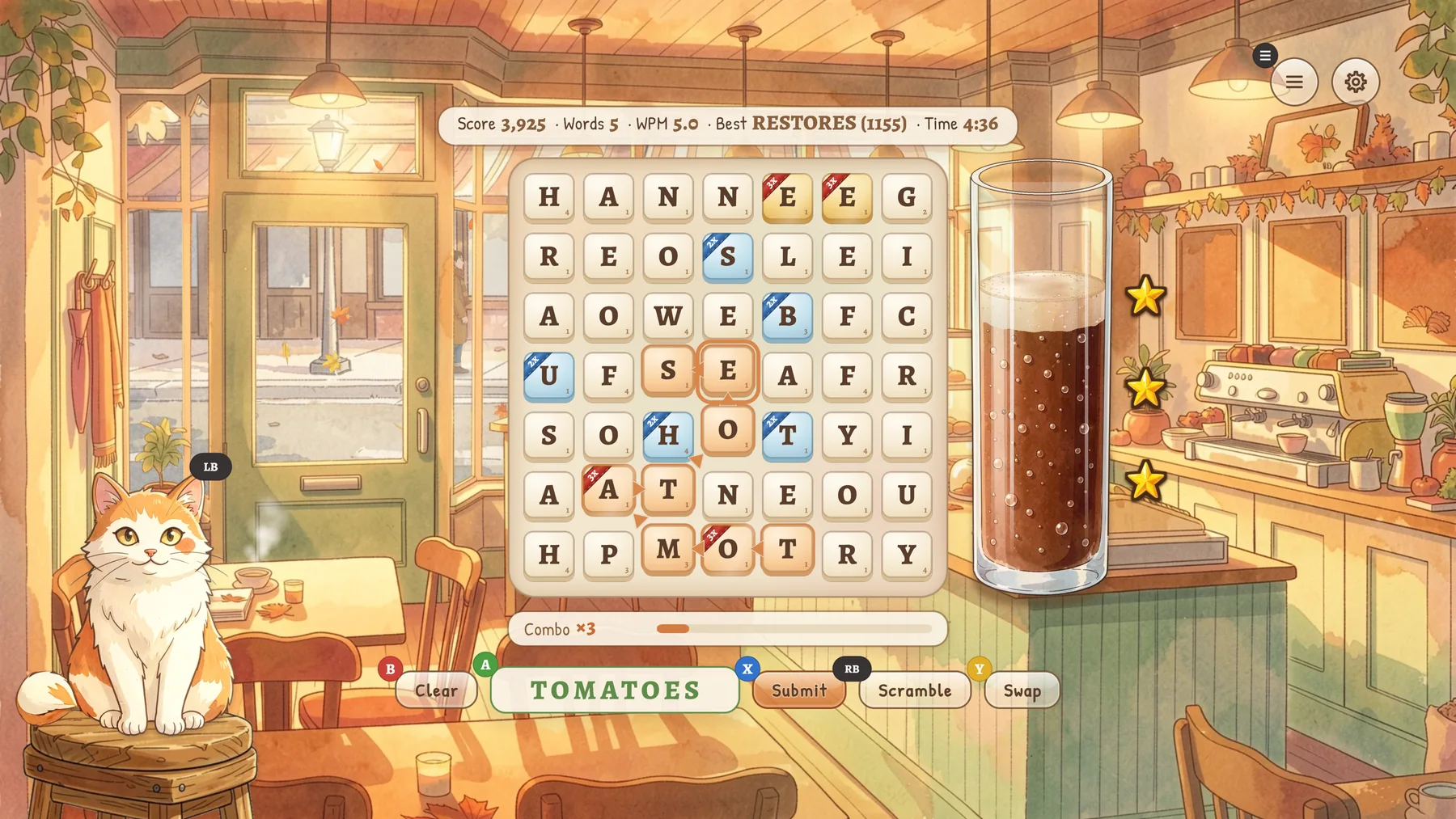 Lettercup on Apple TV with a game controller. Xbox button prompts show for every action, with A to pick letters, B to clear, X to submit, Y to swap, RB to scramble, and LB beside the cat to pet her for a hint
