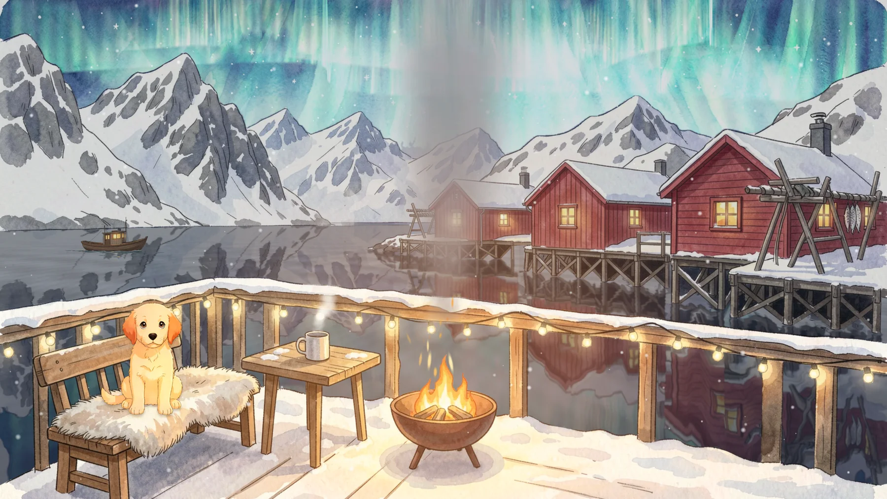Vibe mode on Apple TV, showing the Lofoten deck with the aurora and the pup and no game on screen